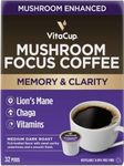 VitaCup Focus Mushroom Coffee Pods, Boost Focus & Immunity w/Lions Mane, Chaga, B Vitamins, D3 for Memory & Clarity, Medium Roast, Recyclable Single Serve Pod Compatible w/Keurig K-Cup Brewers,32 Ct