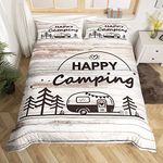 Camper Duvet Cover Queen Size Happy Camping Comforter Cover with 2 Pillowcase for Teens Adults Kids Rustic Farmhouse Bedding Set Vintage Wood Breathable 3 Pieces Decorative Bed Cover