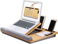 Bamboo Laptop Lap Desk Adjustable Angle, Bed Desk Portable with Cushion and Soft Wrist Pad, Laptop Stand for Desk with Clip and Media Slots (Natural Bamboo for Desk Grey for Cushion)