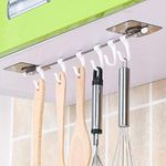 KOYET Premium Self Adhesive Kitchen Accessories Items Organizer Rack Stand, Wall Hanging Hooks Strong Without Drilling (6Hooks) (5 Hooks, 35 x 6cm | Gold), Pack of 1 (AV13 Plastic Hanger)