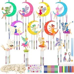 Zeuwets Kits Bricolage 12 Pcs Fée Carillon à Vent en Bois, Loisirs Créatifs pour Filles, DIY Princesse Artisanat pour Activité Manuelles Enfants Cadeau Anniversaire 3 4 5 6 7 8 9 10 ans