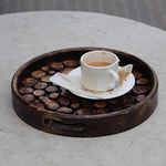 CraftsX2Z Round Mango Wood Brown Serving Tray Wooden Round Patches, Tea & Coffee Serving Tray with Handles - Dinner Serving Trays for Eating - Large Breakfast, Ottoman & Coffee Table Tray, 12" Inch