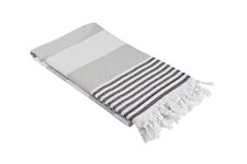 Oversized Turkish Towel, Soft Terry Cloth Back, Striped Turkish Bath Towel, Beach Towel, Extra Large Peshtemal Bath Sheet for Plus Size, Nautical Style Thin Hammam Towel, Cotton Fouta (GREY & BLACK)