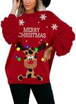 Sovoyontee Women's Cute Funny Ugly Christmas Sweater Puff Sleeve Snowflake Reindeer Holiday Oversized Knit Pullover, Red - Clown Reindeer With Bell, Large