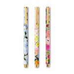 RIFLE PAPER CO. Writing Pens Set of 3 | 0.5 mm Rollerball Tip, Stainless Steel Body with Brass Accents (Office and School Supplies for Stationery, Notes, and Art), Juliet Rose, Marguerite & Hydrangea