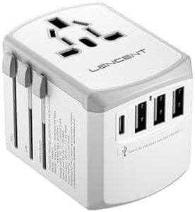 LENCENT Universal Travel Adapter, International Charger with 3 USB Ports and Type-C PD Fast Charging Adaptor for Mobile Phone, Tablet, Gopro. for 200 Countries Type A/C/G/I (USA, UK, EU AUS), White