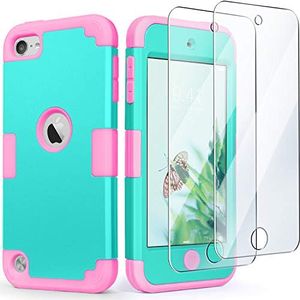 IDweel for iPod Touch Case with 2 Screen Protectors, 3 in 1 Hard PC Case + Silicone Shockproof for Kids Heavy Duty Hard Case Cover for iPod Touch 7th/6th/5th Generation,Mint+Pink