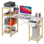 GYIIYUO Computer Desk 55 Inch with Wider 14'' Printer Shelves, Reversible Industrial Home Office Desk with 4-Tier Storage, Fabric Drawer and Host Stand, Sturdy and Stable Study Desk, White&Gold