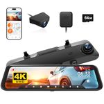 WOLFBOX G850 12" 4K Rear View Mirror Dash Cam Front and Rear with 5.8GHz WiFi and Voice Control, Smart Mirror Camera with 1080P Reversing Rear Camera, WDR, Night Vision, Includes 64GB Card & GPS