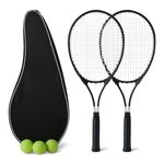 Amazon Basics Tennis Racket Set, 2 Adult 68.5cm Racquets with 3 Balls and 2 Overgrips, Lightweight, Black