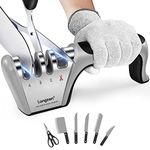 longzon [4 Stage] Knife Sharpener, Original Premium Polish Blades,4-in-1 Best Kitchen Knife Sharpener Really Works for Steel Knives, Scissors, with a Pair of Cut-Resistant Glove.