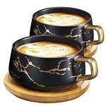 VETIN 2 x Cappuccino Cups with Saucer, Marble Cup, 300 ml Porcelain Espresso Cups for Tea, Coffee, Cappuccino, Coffee Cups with Wooden Disc (Black x 2)