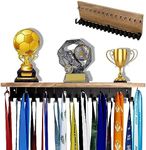 Defined Deco Medal Hanger Display and Trophy Shelf with 32 Hooks-Wooden Medal Holder for Wall Mount Ribbon Display-Trophy Display Shelf for Gymnastics, Soccer, Running Race Medals Awards Rack.