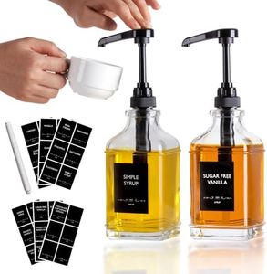 Alotpower Coffee Syrup Dispenser 16oz 2pack, Clear Syrup Dispenser with 1/4oz Capacity Pump,Syrup Dispenser for Coffee Bar-2 Glass Square Bottles with Plastic Pump and Syrup Labels