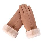 Bold N Elegant Soft Suede and Faux Hair Fur Cute Embroidery Winter Thermal Warm Gloves Mittens Winter Accessories Hand Arm Warmer Gloves for Women (Brown)