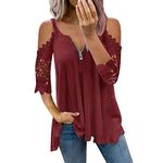 Womens Summer Cold Shoulder Tops Cut Out Lace 3/4 Sleeve Blouses Crochet Eyelet Casual Slouchy Loose Waffle Knit Shirts Red