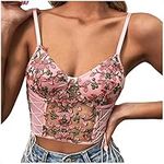 Lace Corset Tops for Women Patchwork V Neck Cami Top Spaghetti Strap Push Up Bustier Summer Tops - Women's Sexy Summer Basic Sleeveless Corset Crop Tops Stretch Tank Tops Lace Camisole Clubwear