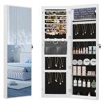 Hzuaneri Jewelry Cabinet Armoire - 8 LEDs Mirror Jewelry Organizer, Wall/Door Mount Lockable Storage Cabinet with 6 Earrings Shelves, 2 Makeup Pockets, Watch Slots, White and Black JC12003B