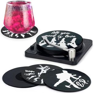 Valdivia Retro Vinyl Record Coasters with Player, 6 Pcs Music Coasters for Drinks, Bars, Cool Home Decor and Funny Housewarming Gifts for Music Lovers, Birthday Gifts for Men, Wedding Registry Gifts