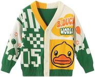 B.Duck Girls Boys Dark Green Cardigan for Kids Winter Cable Knit Sweaters Cartoon Duck Graphic Print Long Sleeve V Neck Button Down Knitted Chunky Outwear Cute Clothes for Unisex Kids Size 5-6 Years