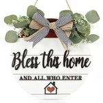 3D Bless This Home Wooden Door Sign Hanging, Welcome Porch Wall Sign with Bow-knot Wreath, Bless This Home And Who Enter Sign Housewarming Gift for Kitchen/Entryway/Porch/Front Door