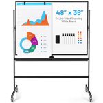 Giantex Double-Sided Magnetic Dry Erase Mobile Whiteboard, 48 x 36 Inches Adjustable-Height Reversible Whiteboard w/ 1 Flip Chart, 6 Markers, 12 Magnets, 1 Eraser, Free-Standing Rolling Whiteboard