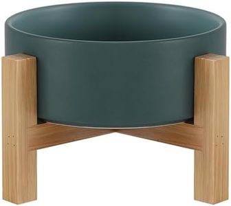 Raised Ceramic Cat Bowl - Cat Food Bowl with Bamboo Stand - Elevated Dog Food Dish for Puppies - Comfort Eating - 13.5 oz - 400 ml - Green