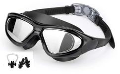 Cable World® Big Frame Competition Swim Goggles with Free Protective Case Pro Anti fog Protection Clear Anti-UV Swimming Goggles with Adjustable Strap, (Free Ear Plug and Nose Clip) (Black)