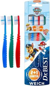 Dr.Best Paw Patrol Zahnbürste, Weich (2 Stück + 1 Stück Gratis), weiche Borsten und kindgerechter Griff Grün, Rot, Orange, Blau