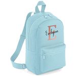 FunkyShirt Rose Gold Custom Initial and Personalised Name Kids Childrens School Backpack Bag Girls Cute Rucksack Bags Pretty Cursive Toddler Nursery Gym Sack (Powder Blue)