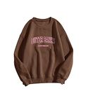 Meladyan Women Fleece Letter Graphic Print Oversized Sweatshirt Long Sleeve Crewneck Drop Shoulder Pullover, Brown, Medium