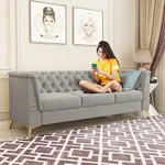 ANTTYBALE 82" Mid Century Modern Sofa for Living Room Velvet Couch Chesterfield Sofa with Gold Legs for Bedroom Office (Light Grey)