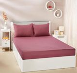 amazon basics 300 TC 100% Cotton Sateen Weave Fitted Bedsheet Set with 2 Pillow Covers | King Size (Rose)