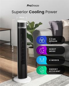 Pro Breeze 40-Inch Bladeless Tower Fan – Remote, Quiet, 4 Modes, 90° Oscillation