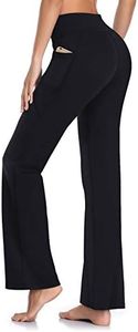 HISKYWIN Inner Pocket Yoga Pants 4 Way Stretch Tummy Control Workout Running Pants, Long Bootleg Flare Pants, Black-Side Pockets, Large