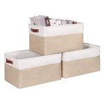 Syeeiex Large Fabric Storage Basket with Leather Handles, 3-Pack Large Baskets, Storage Baskets for Shelves, Foldable Baskets for Organizing Toys, Clothes, Office (White/Brown)