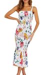 PRETTYGARDEN Women's Summer Floral Midi Tank Dress Sleeveless Strappy Ruffle Hem Smocked Bodycon Dresses (White Red Big Floral,X-Large)