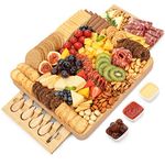 FamRica Charcuterie Boards - FamRica Bamboo Cheese Board and Knife Set with Hidden Slide-Out Drawers and 3 Ceramic Bowl Great for Wedding Gifts Housewarming Gift