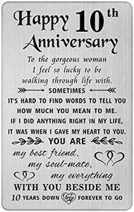 TANWIH 10 Year Anniversary Card Gifts for Women Her, Happy 10th Wedding Anniversary Cards for Wife, Engraved Metal Wallet Insert
