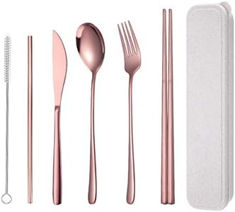 AARainbow 4 Pieces Stainless Steel Dinnerware Set, Chopsticks/Knife/Fork/Spoon, Portable Dishwasher Safe(Rose Gold)