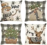 Ninonly Christmas Pillow Covers 18x18, Set of 4 Cotton Linen Vintage Snowman Deer Christmas Tree Throw Pillow Case Cushion Cover Decorations for Sofa Couch