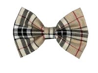 New Dogs Bow Tie Tartan woven Elastic Band attach COLLAR ACCESSORY Handmade UK (Medium Tartan Beige woven)