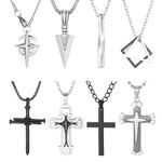 HEQU 8 Pcs Necklace for Men Black and Silver Stainless Steel Mens Necklaces Jewelry Geometric Combination Spearpoint Arrowhead Star Cross Pendant Necklace,19-24 inches Chain