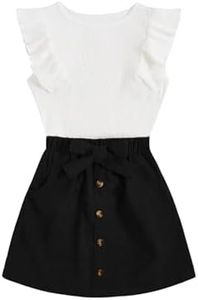 SHENHE 2pcs Girl's Skirt Outfits Ruffled Ribbed Cap Sleeve T Shirt and Button Down Tie Front Skirt Set White and Black 8 Years