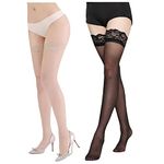 Neska Moda Women & Girls 2 Pair Nylon Ultra-Thin High-Leg Lace Thigh High Stocking - One size fits all -26"-36" Waist (Brown,Black)-STK81andSTK82