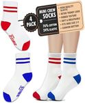 Forever Bambe Mini Crew Socks for Women Soft Terrycloth Cushioned Bottom Striped Retro Athletic Quarter Calf Gym Socks (4-Pack) White Ankle Socks with Red/Blue Stripe