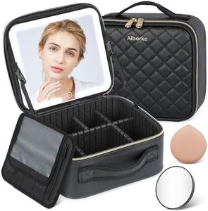 Aiborke Travel Makeup Bag with Led Mirror Make up Case with Lighted Mirror Cosmetic Organizer bag with Adjustable Dividers and 5X Magnifying Mirror Makeup Box Organizer Vanity Case for Women (Black)
