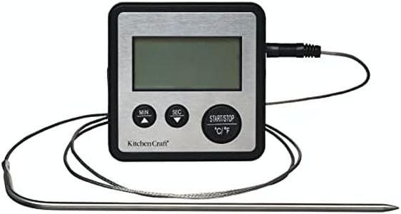 KitchenCraft Digital Food Thermometer and Kitchen Timer with Probe for Meat, Sugar, Jam and More, Silver, 8 x 8 x 2 cm