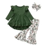 Toddler Baby Girl Clothes Fall Outfits Long Sleeve Top Solid Color Shirt + Flared Pants + Headband 3pcs Outfit Set 4-5T Dark Green