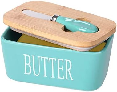 Butter Dish, Ceramic Butter Dish with lid and Knife, Large Butter Container Double Silicone Seals Easy Clean Airtight Butter Dishes for 2 Sticks of Butter West or East Coast Butter (Green)